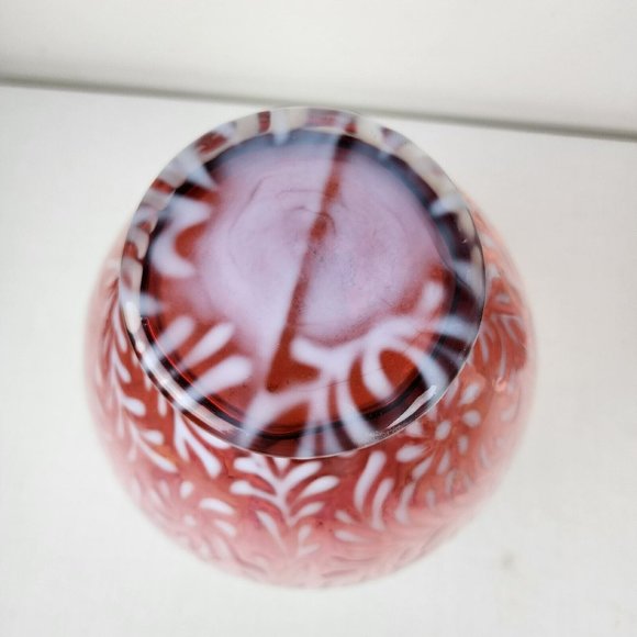 VTG Fenton Vase 11.5" Daisy & Fern Cranberry Opalescent Glass Ruffled White Pink - Picture 5 of 10